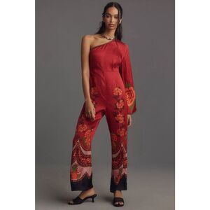 New Farm Rio x Anthropologie One-Shoulder Printed Satin Jumpsuit Size Medium